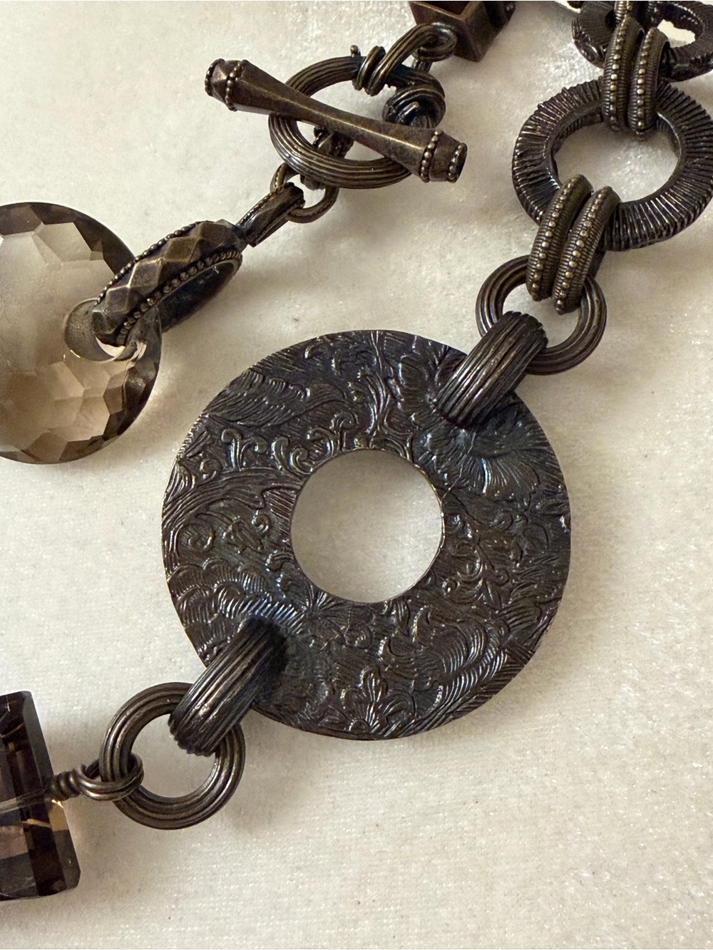 Stephen Dweck Bronze Multi-Stone Statement Necklace Pyrite Smoky Quartz - Picture 8 of 11